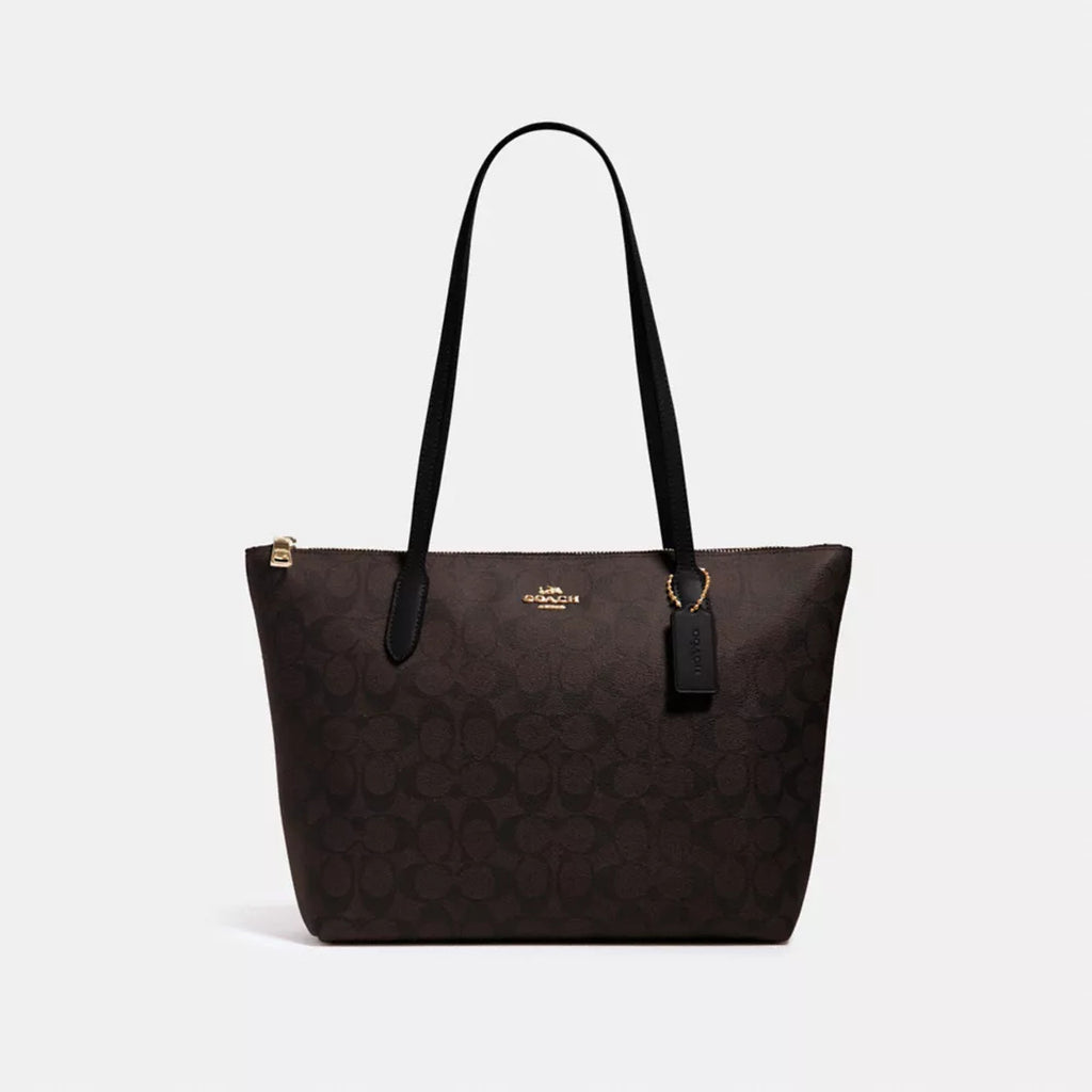 COACH Zip Top Tote Bag In Signature Canvas - Gold/Brown Black
