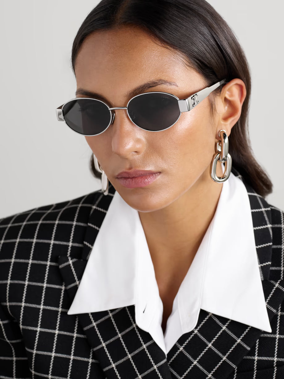 CELINE EYEWEAR Oval-frame silver-tone and acetate sunglasses